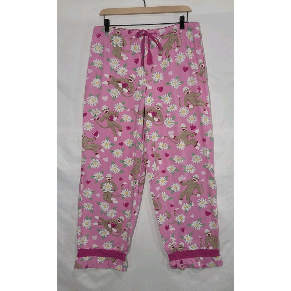 Nick & Nora Pajama Bottoms Sock Monkey Womens Medium Pink Daisies Lace Pockets